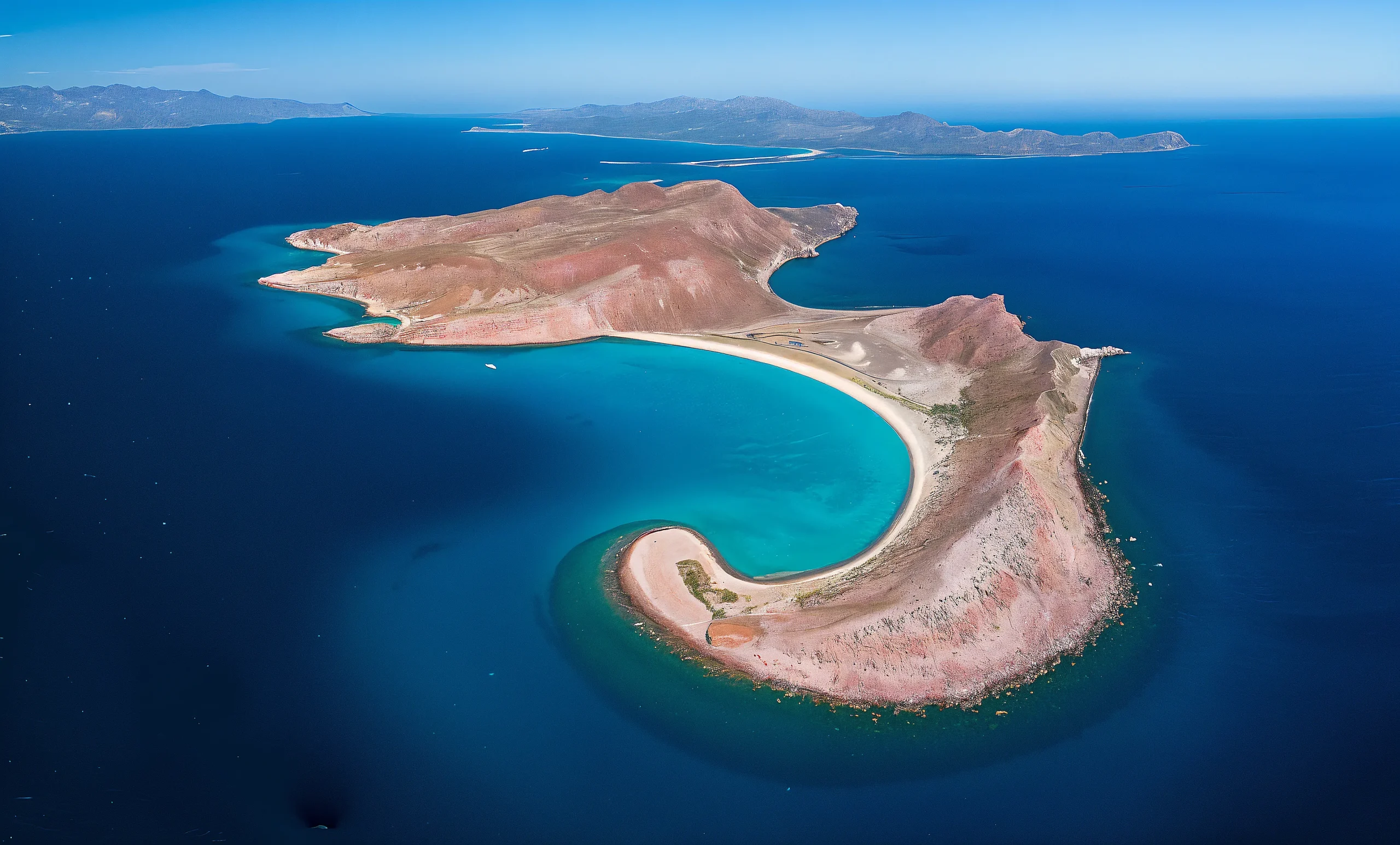 Aerial view of San Francisquito Bay in Baja California Sur, showing its turquoise lagoon, golden sand beach, and surrounding desert cliffs in the Sea of Cortez.
