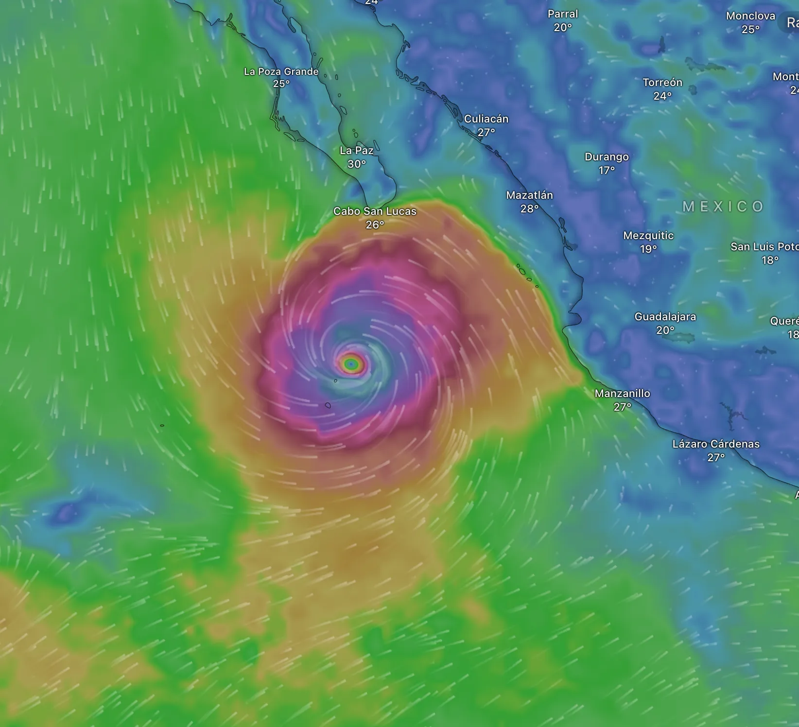Color-coded weather map showing Hurricane Priscila approaching Baja California Sur, with the storm’s eye southwest of Cabo San Lucas and strong wind fields extending toward La Paz.