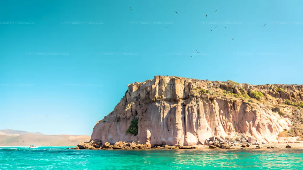 San Jose Island red cliffs and turquoise anchorage