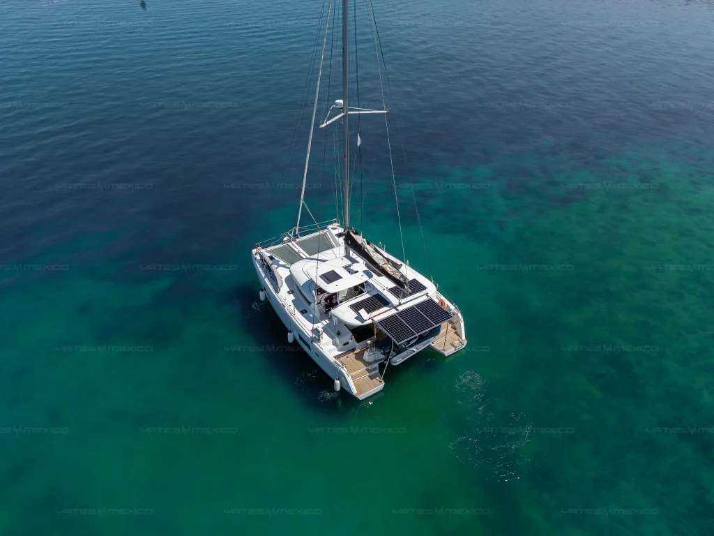 Lagoon 42 catamaran charter La Paz - aft cockpit from the water