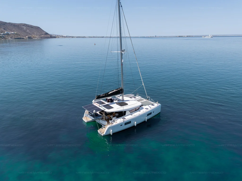 Lagoon 42 catamaran charter La Paz - anchored off an island beach