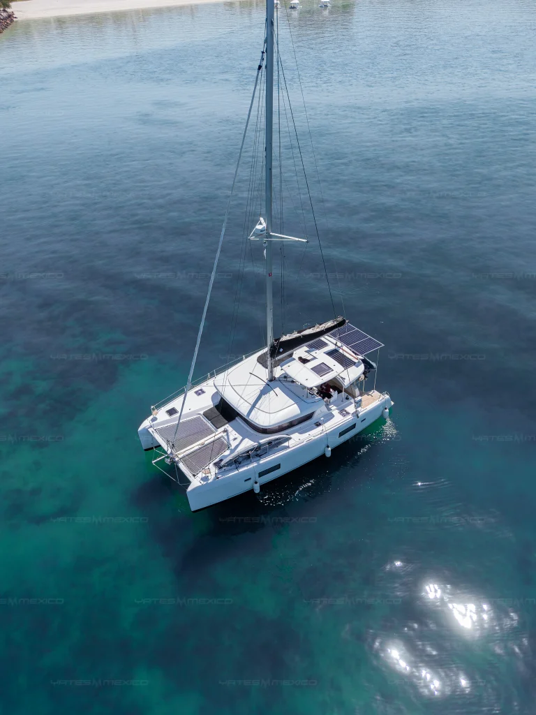 Lagoon 42 catamaran charter La Paz - under sail at golden hour