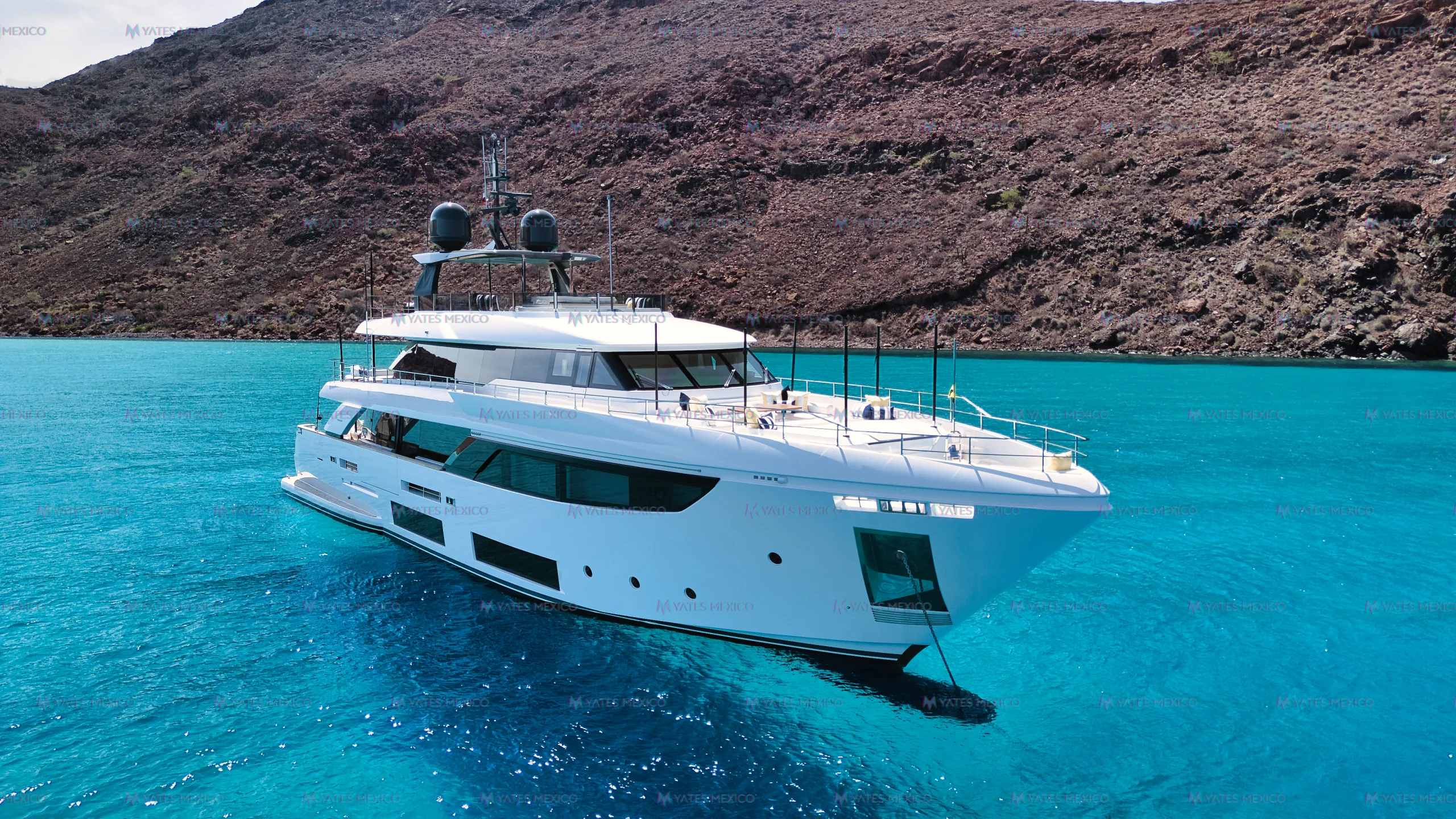 Custom Line 110 Ferretti superyacht charter Mexico - drone view anchored at Candelero Beach, Espiritu Santo, La Paz Baja California Sur