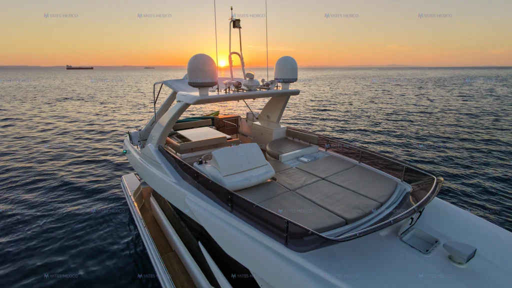 Ferretti 75 yacht charter La Paz - foredeck sunpad and hardtop at sunset