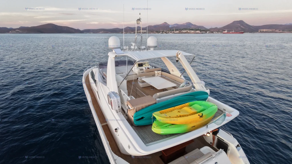 Ferretti 75 yacht charter La Paz - aft deck loaded with kayaks and inflatable water toys