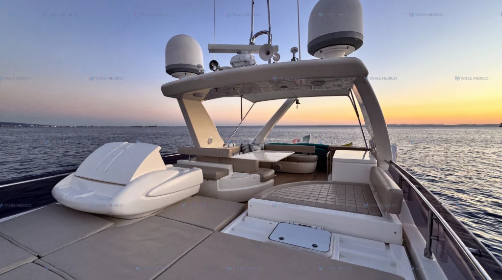 Ferretti 75 yacht charter La Paz - flybridge helm station and radar arch at dusk