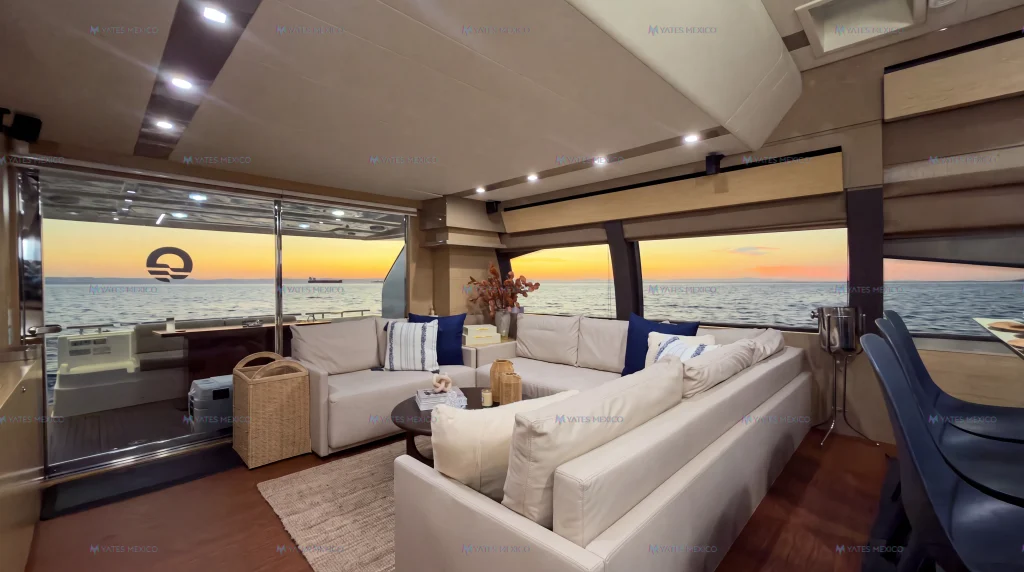 Ferretti 75 yacht charter La Paz - main salon lounge with panoramic windows