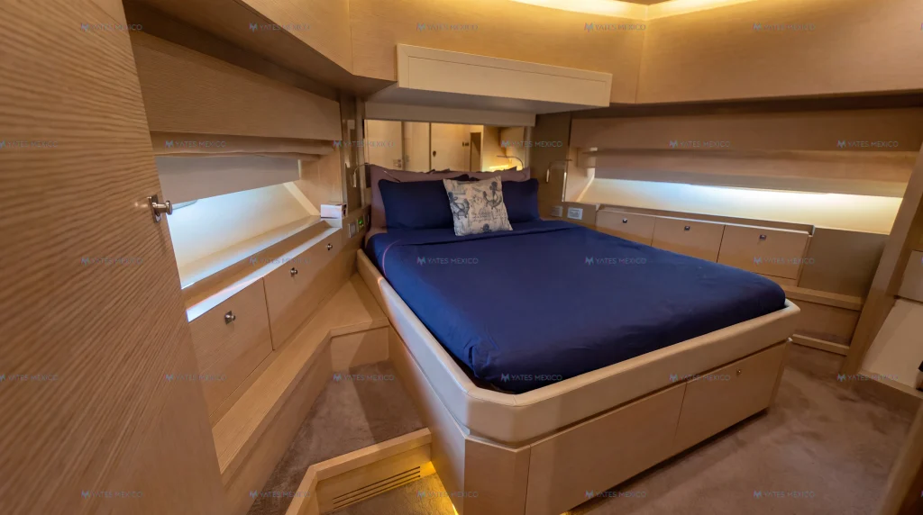 Ferretti 75 yacht charter La Paz - forward VIP cabin with natural light and storage