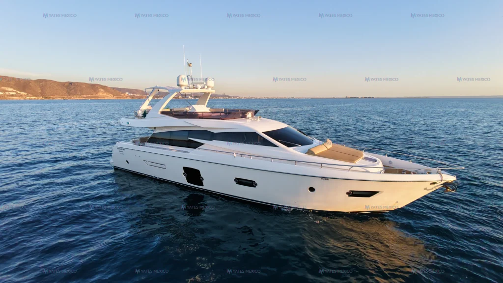 Ferretti 75 yacht charter La Paz - anchored off the Baja coastline at sunset
