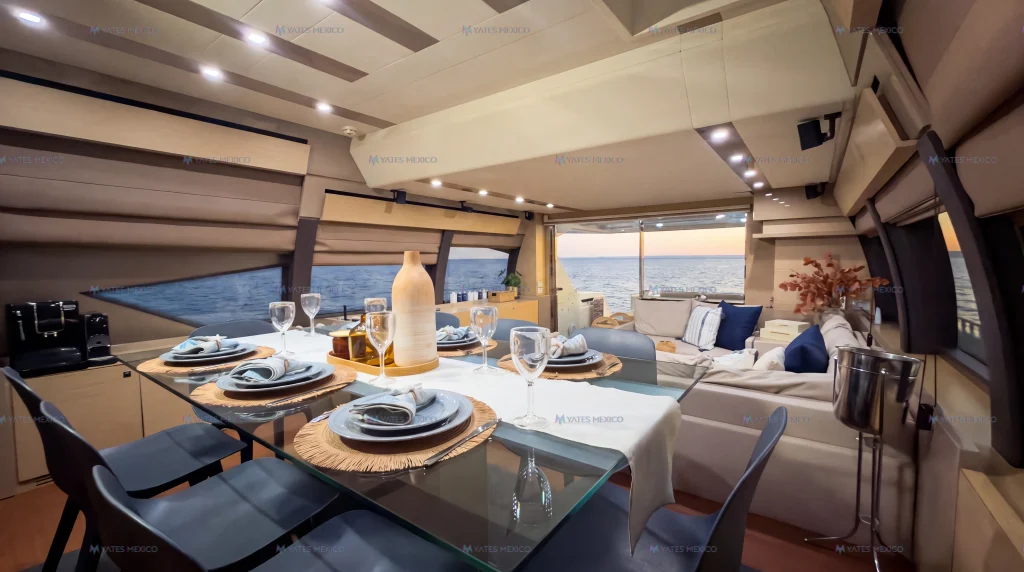 Ferretti 75 yacht charter La Paz - dining table set for service in the main salon