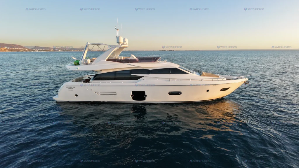 Ferretti 75 yacht charter La Paz - port profile on calm water