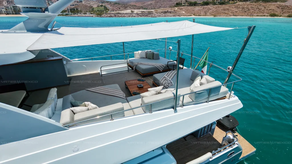 Monte Fino 84 yacht charter La Paz - flybridge deck at sunset