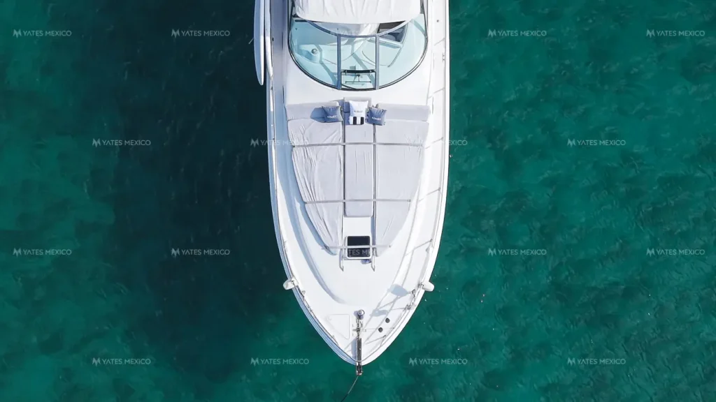 Sea Ray 45 yacht charter La Paz - overhead drone shot of the bow and sunpad