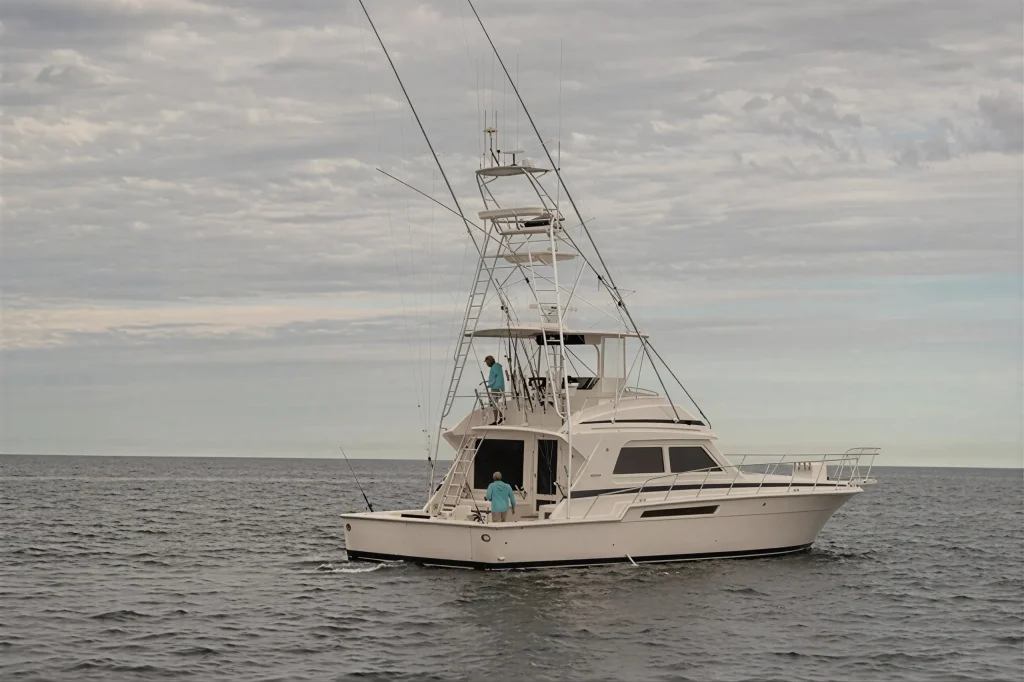 Bertram 54 yacht charter La Paz - crew working the tuna tower and cockpit while trolling the Sea of Cortez