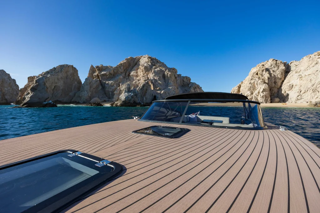 Teak foredeck of the VanDutch 42 looking toward the Cabo San Lucas arch
