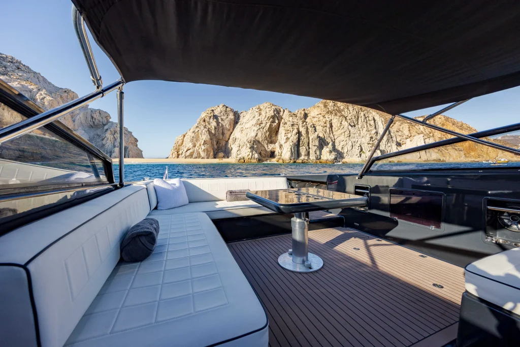 Shaded cockpit lounge of the VanDutch 42 with El Arco in the background