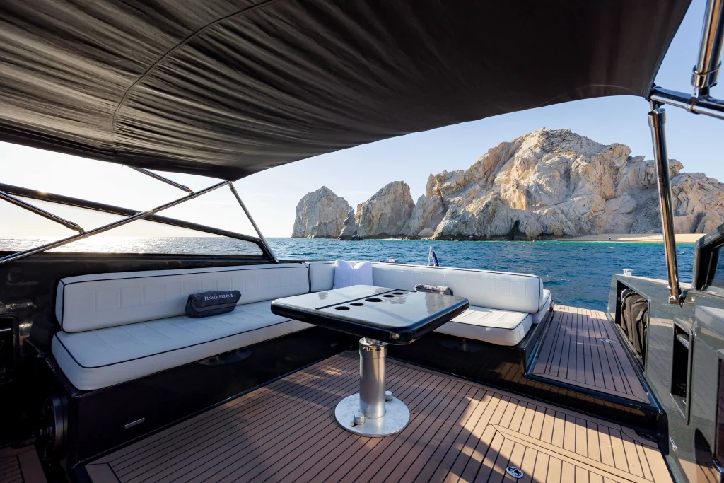 Cockpit table and sofa of the VanDutch 42 under the bimini at El Arco