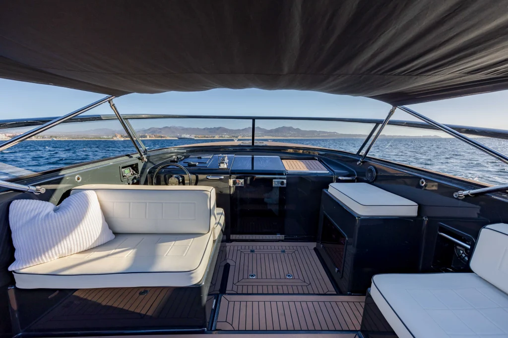 Shaded cockpit seating and sofa on board the VanDutch 42