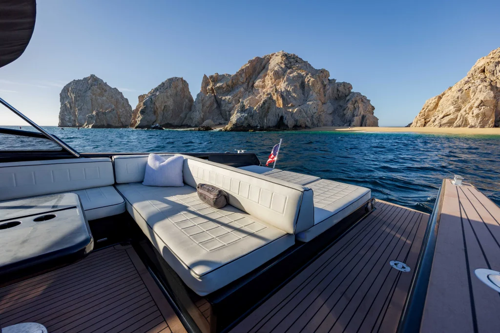 Double sun pad on the bow of the VanDutch 42 facing Lands End