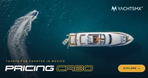Aerial view of a yacht cruising and leaving a wake off Cabo San Lucas