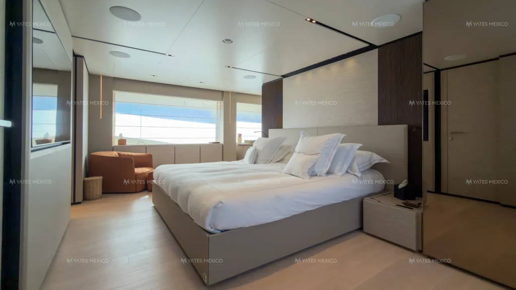 Custom Line 110 yacht charter La Paz - master stateroom with sea view windows