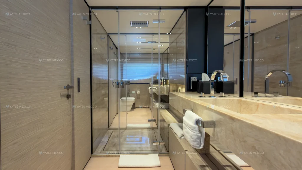 Custom Line 110 yacht charter La Paz - master ensuite in marble and glass