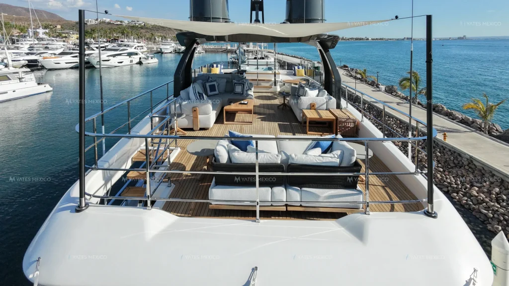 Custom Line 110 yacht charter La Paz - foredeck sun lounge with sea views
