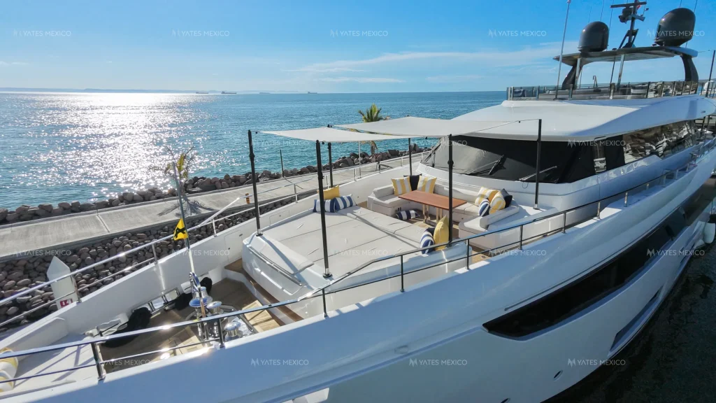 Custom Line 110 yacht charter La Paz - shaded sun deck at golden hour