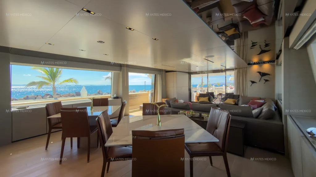 Custom Line 110 yacht charter La Paz - main salon and dining with sea views