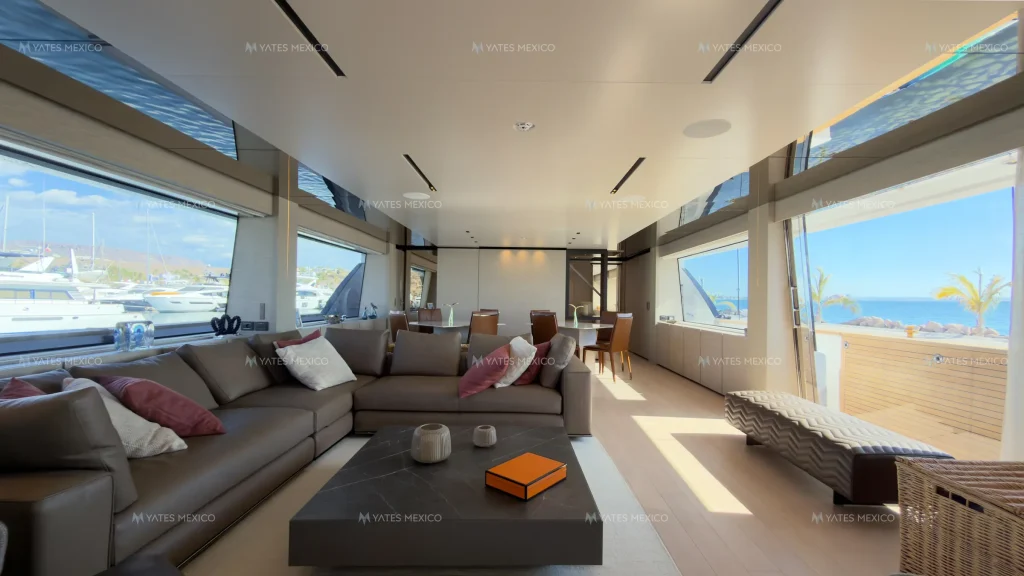 Custom Line 110 yacht charter La Paz - salon lounge with panoramic windows