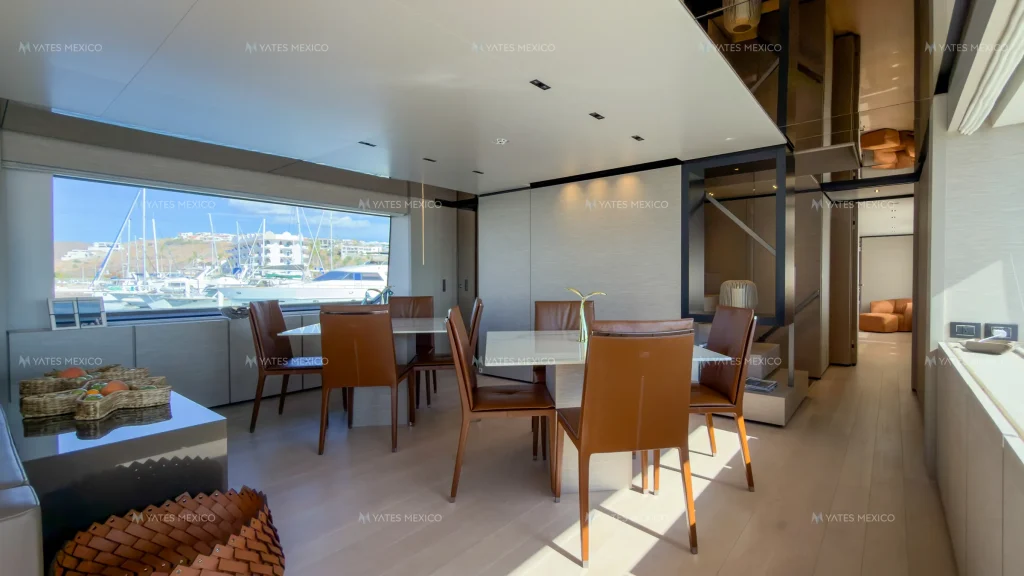 Custom Line 110 yacht charter La Paz - indoor dining with marina views