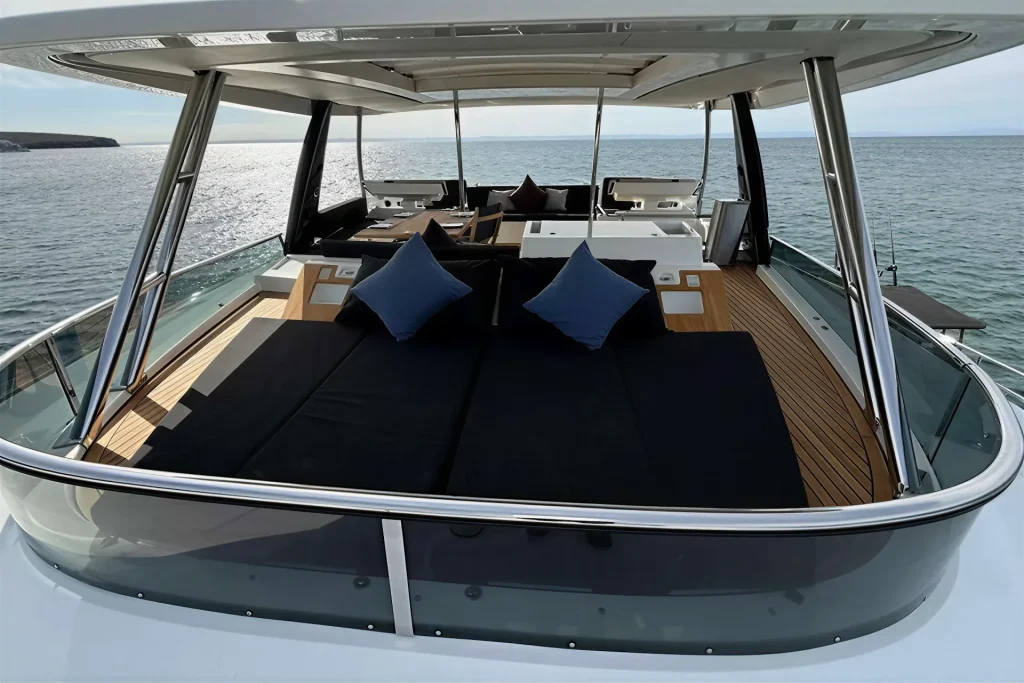 Flybridge sunpad and lounge on the Lagoon 63 charter catamaran in La Paz