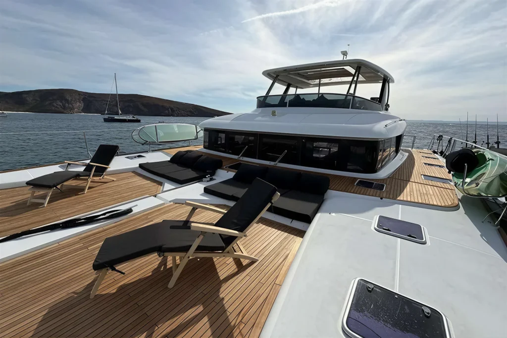 Foredeck sun loungers on the Lagoon 63 charter catamaran, Baja California Sur