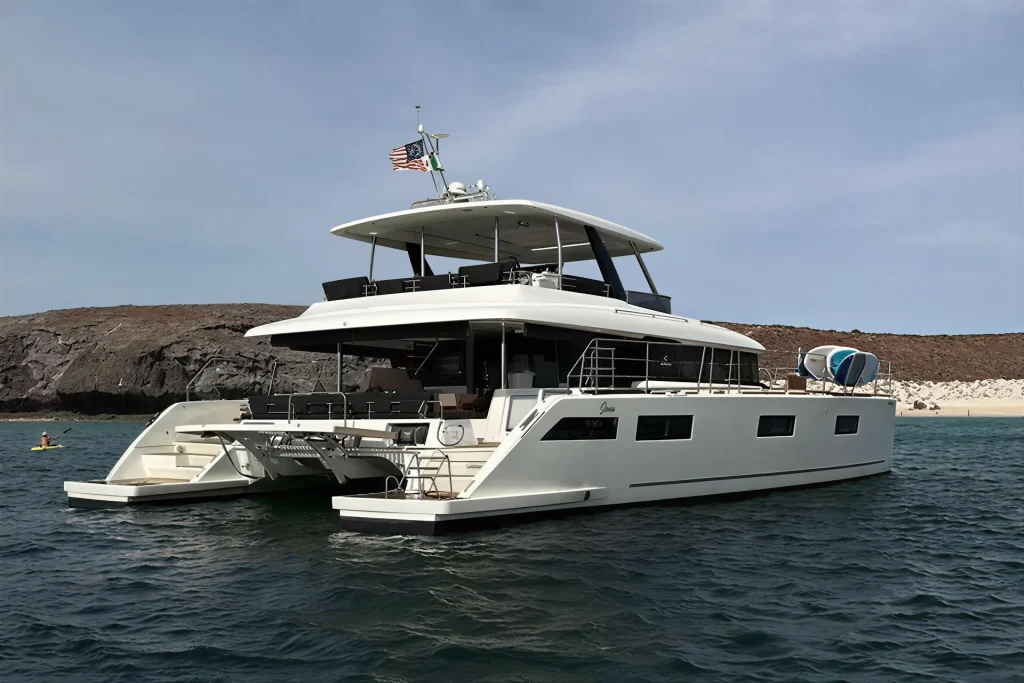 Lagoon 63 charter catamaran at anchor with tenders in the Sea of Cortez, La Paz