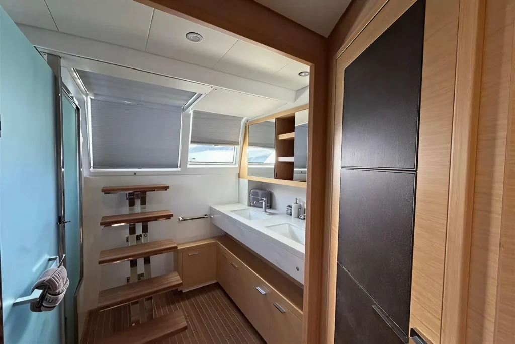 Double vanity head aboard the Lagoon 63 luxury charter catamaran