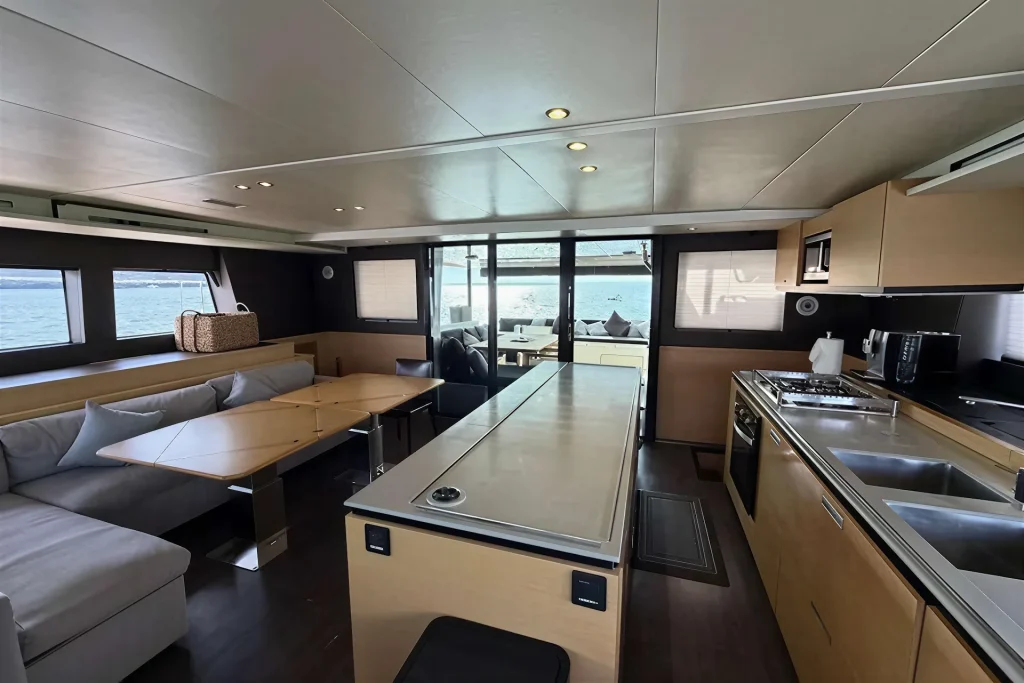 Main salon and galley of the Lagoon 63 charter catamaran in La Paz
