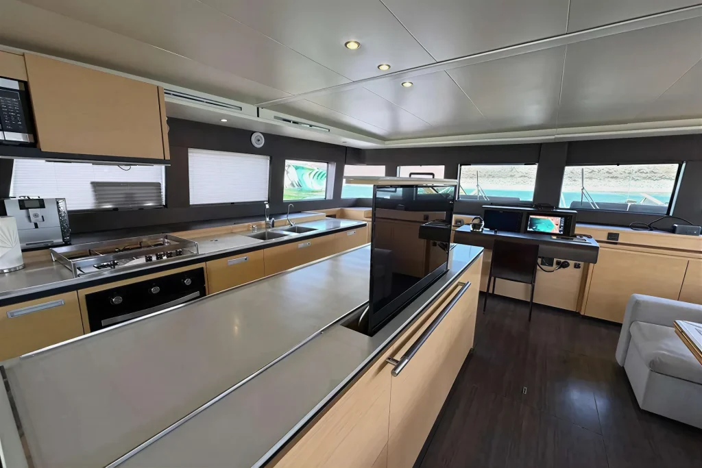 Galley island with sea views aboard the Lagoon 63 charter catamaran