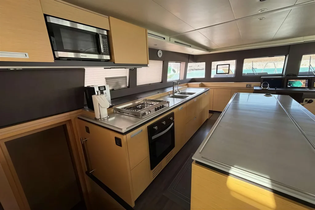 Full galley with oven and cooktop on the Lagoon 63 catamaran, La Paz charter