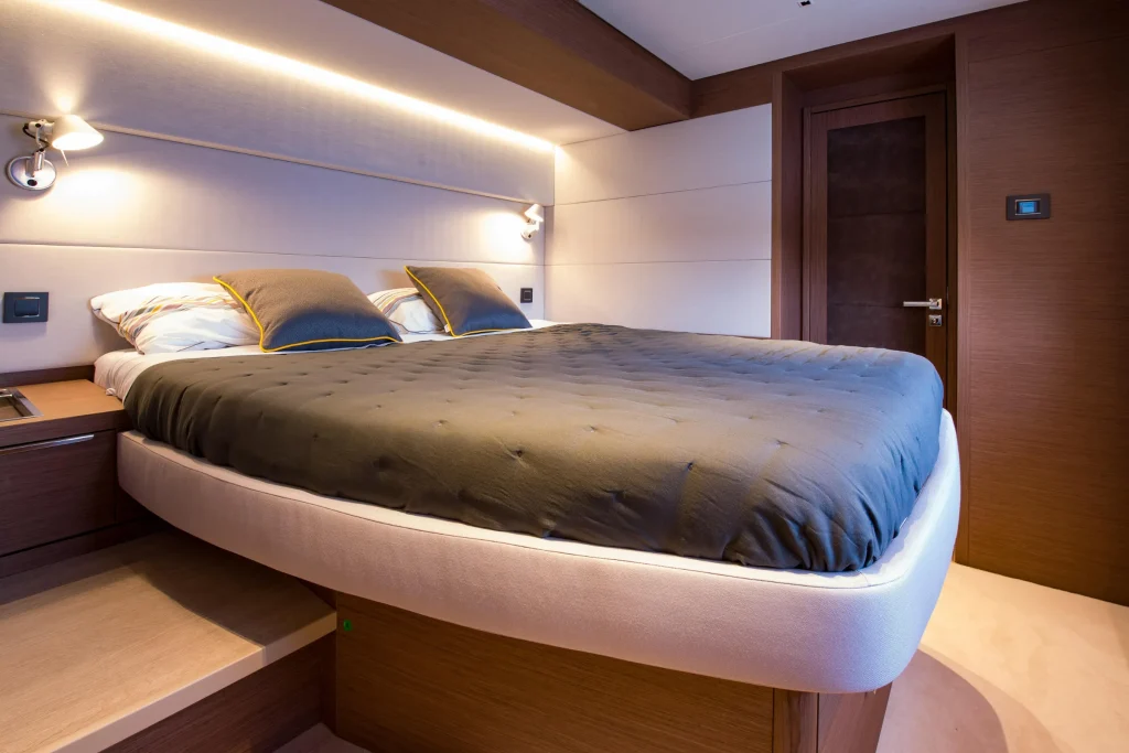 Master cabin with island berth aboard the Lagoon 67