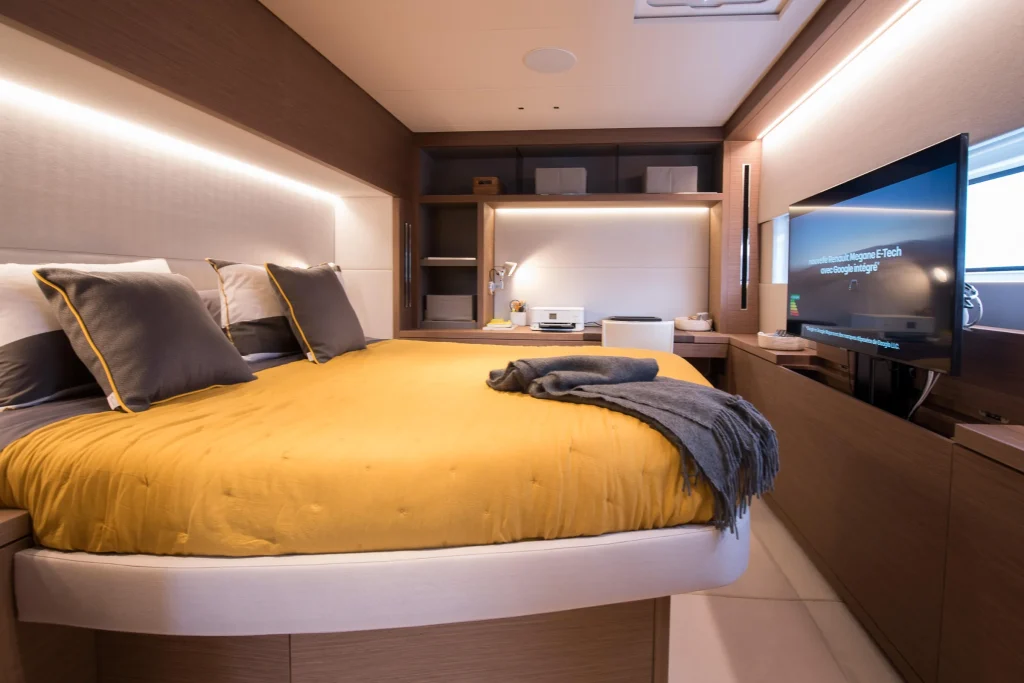 VIP cabin with television and reading lights on the Lagoon 67