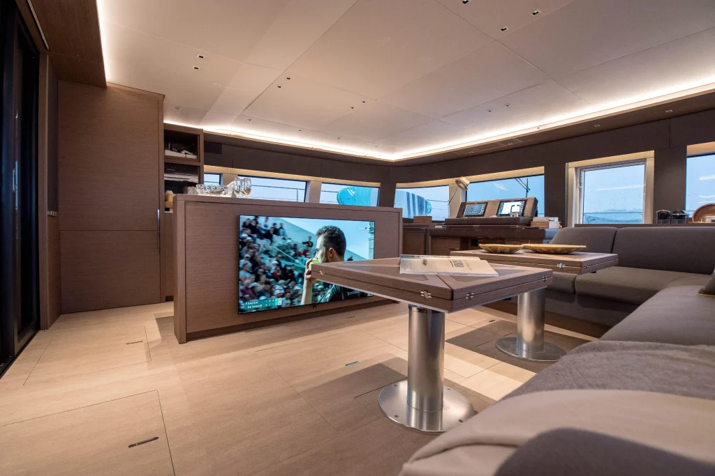Salon coffee table and sofa aboard the Lagoon 67 catamaran